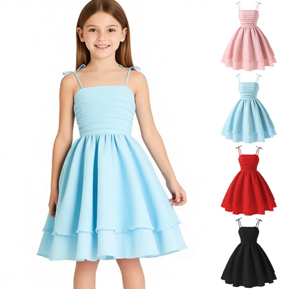 SGMVNU Girls Dress Summer Spaghetti Straps Smocked Ruched A Line Swing Dress Flowy Double Layered Tween Girl Party Dresses, Size 12 Years, Blue