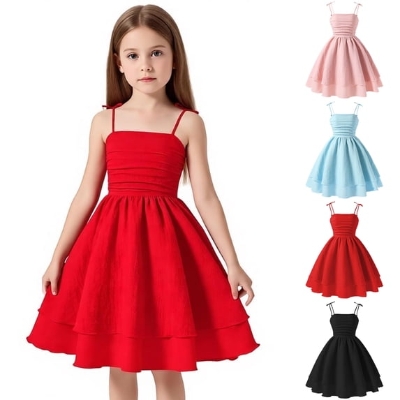 SGMVNU Girls Dress Summer Spaghetti Straps Smocked Ruched A Line Swing Dress Flowy Double Layered Tween Girl Party Dresses, Size 12 Years, Red