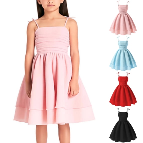 SGMVNU Girls Dress Summer Spaghetti Straps Smocked Ruched A Line Swing Dress Flowy Double Layered Tween Girl Party Dresses, Size 8 Years, Pink