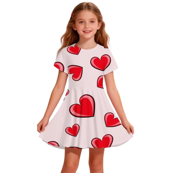 SGMVNU Girls Dresses Casual Short Sleeve Shirt Dress with Heart Print Dress 5t A Line Swing Summer Sundresses(Size 4-5 Years,5-Light Pink)