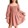 thumbnail image 1 of SGMVNU Girls Fall Dress Lantern Long Sleeve Square Neck Ruffled Dress Kids Solid Color Smocked Dress for Age 13-14 Years, Red, 1 of 4