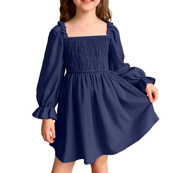 SGMVNU Girls Fall Dress Lantern Long Sleeve Square Neck Ruffled Dress Kids Solid Color Smocked Dress for Age 3-4 Years, Navy