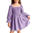 thumbnail image 1 of SGMVNU Girls Fall Dress Lantern Long Sleeve Square Neck Ruffled Dress Kids Solid Color Smocked Dress for Age 9-10 Years, Purple, 1 of 4