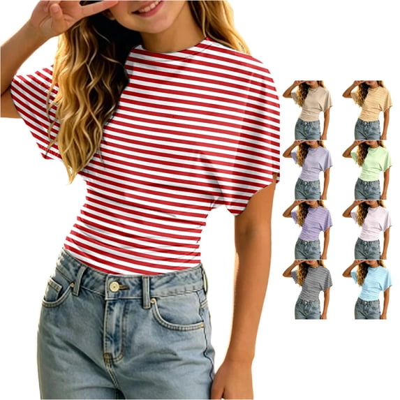SGMVNU Girls Fashion Striped T Shirts Trendy Short Sleeve Ruched Tighten Waist Top Going Out Clothes Streetwear, Size 11-12 Years, Red
