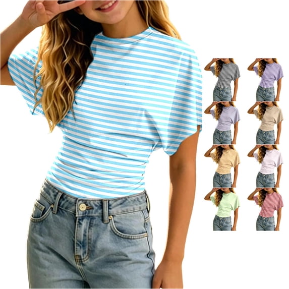 SGMVNU Girls Fashion Striped T Shirts Trendy Short Sleeve Ruched Tighten Waist Top Going Out Clothes Streetwear, Size 13-14 Years, Light Blue