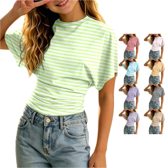 SGMVNU Girls Fashion Striped T Shirts Trendy Short Sleeve Ruched Tighten Waist Top Going Out Clothes Streetwear, Size 9-10 Years, Light Green