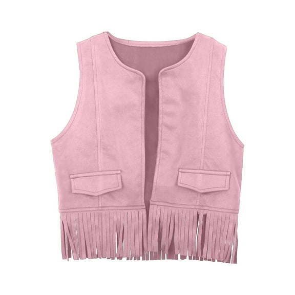 SGMVNU Girls Suede Fringe Vest Sleeveless Western Cowgirl Vest Boho Tassels Jacket Cardigan for Autumn Holiday Parties, Pink, 7-8 Years