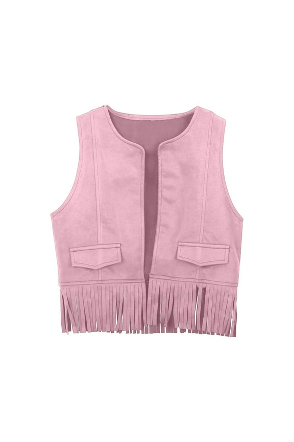 Girls Suede Fringe Vest Sleeveless Western Cowgirl Vest Boho Tassels Jacket Cardigan for Autumn Holiday Parties, Pink, 7-8 Years