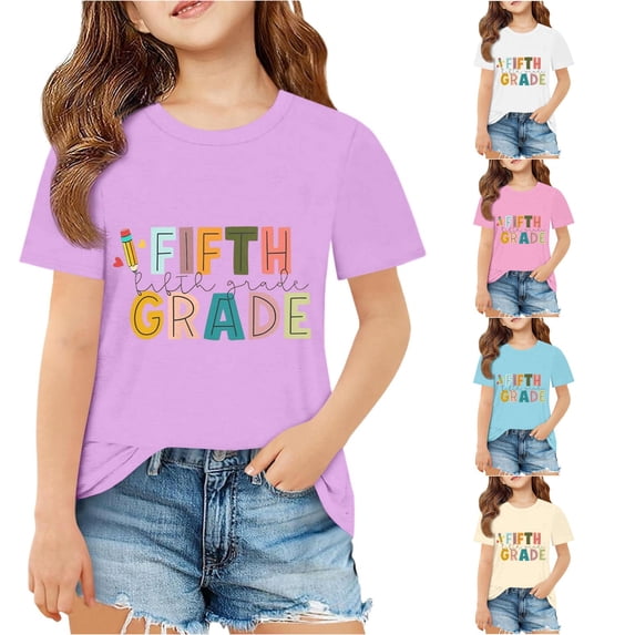 SGMVNU Girls Fifth Grade Graphic Tee Shirts Short Sleeve Crew Neck Prints Summer Back to School Casual Tops, Size 5-6 Years, Purple