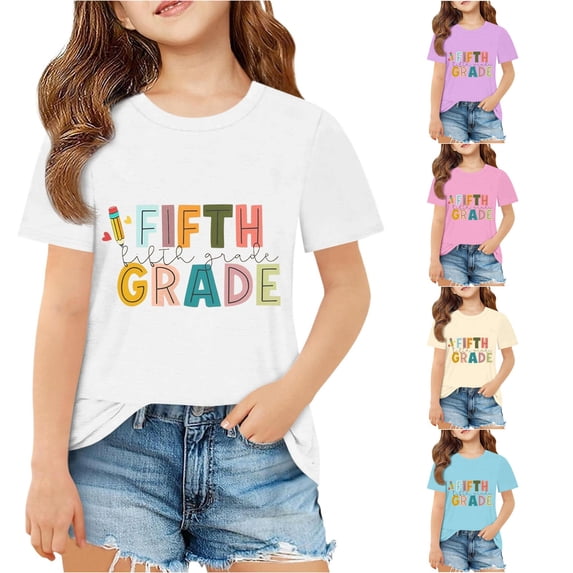 SGMVNU Girls Fifth Grade Graphic Tee Shirts Short Sleeve Crew Neck Prints Summer Back to School Casual Tops, Size 9-10 Years, White