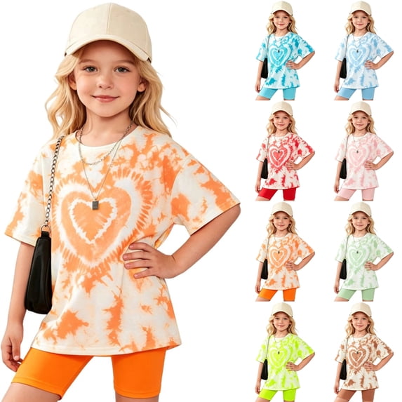 SGMVNU Girls Summer 2 Piece Outfits Fashion Short Sleeve Loose T-Shirts and Elastic Waist Biker Shorts Kids Clothing Sets, Size 1-2 Years, qp1-Orange