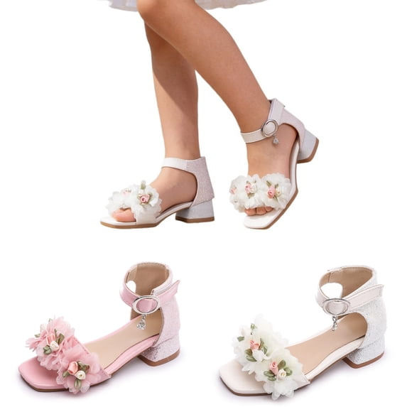 SGMVNU Girls Flowers Heel Shoes Square Open Toe Block Low Heel Sandals Wedding Party Flower Girl Dress Shoes Summer Pumps, Size 4.5-5 Years, White