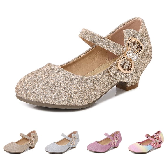 SGMVNU Girls Glittler Sandals Low Heel Elegant Mary Jane Dress Sandal Wedding Party Flower Girl Dress Shoes for Little/Big Kids Gold Size 7-8 Years