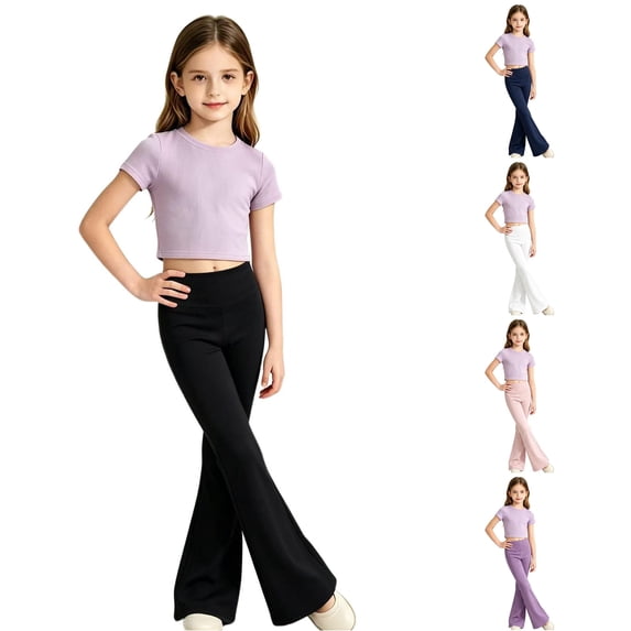 SGMVNU Girls High Waist Flared Yoga Pants Stretchy Dance Leggings Bell Bottom Casual Tights for Sports, Size 9-10 Years, Black