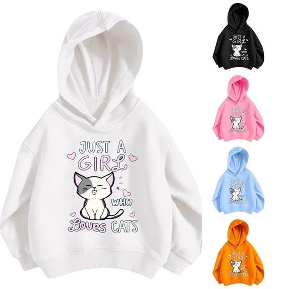 SGMVNU Girls Hooded Sweatshirt Ribbed Hem Long Sleeve Soft Cat Graphic Hoodie Back to School, Size 5-6 Years, White