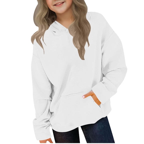 SGMVNU Girls Hoodies Long Sleeve Pullovers Casual Loose Fit Hood Sweatshirt Fall Winter Outfits with Pocket, Size 7-8 Years, White