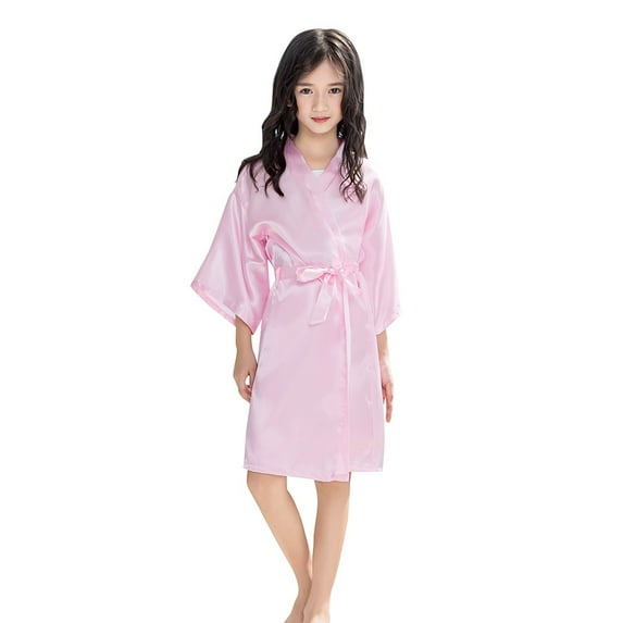 SGMVNU Girls Kid's Silky Satin Kimono Robes for Wedding Spa Birthday Party Gifts Solid Color Bathrobe Dress with Waist Belt Children's Gifts, Pink, 4-5 Years