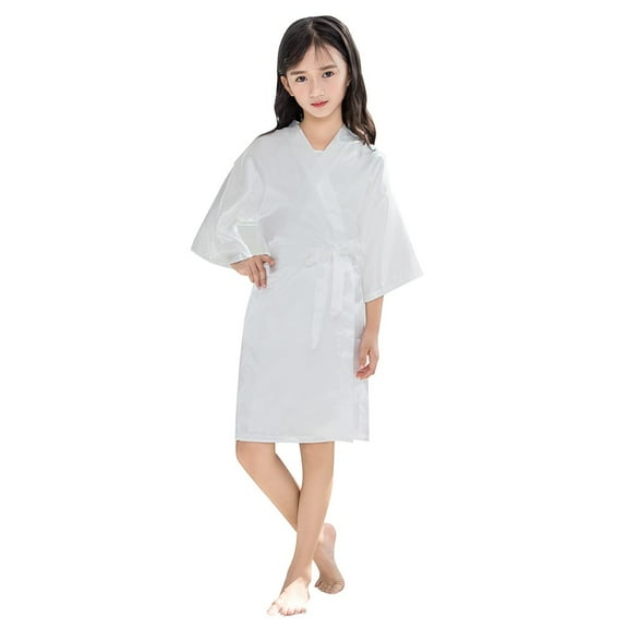 SGMVNU Girls Kid's Silky Satin Kimono Robes for Wedding Spa Birthday Party Gifts Solid Color Bathrobe Dress with Waist Belt Children's Gifts, White, 5-7 Years