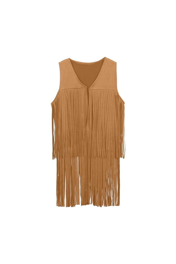 Girls Kids Fringe Vest Sleeveless Western Cowgirl Vest 60s 70s Hippie Suede Tassels Jacket for Autumn Holiday Parties, Khaki, 9-10 Years
