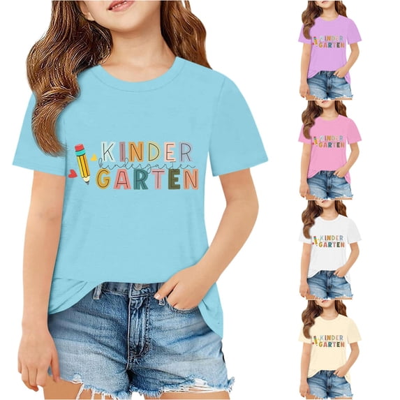 SGMVNU Girls Kindergarten T Shirts Short Sleeve Crew Neck Relaxed Fit Graphic Tee Tops Back to School Clothes, Size 13-14 Years, Blue
