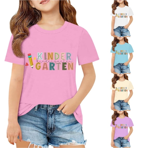SGMVNU Girls Kindergarten T Shirts Short Sleeve Crew Neck Relaxed Fit Graphic Tee Tops Back to School Clothes, Size 5-6 Years, Pink