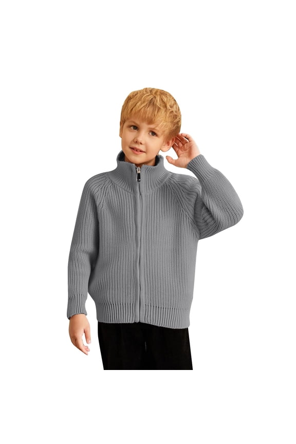 Girls Knit Cardigan Sweater Zip Turtleneck Long Sleeve Knitwear Kids School Uniforms Fall Jacket Outerwear(Size 4-5 Years,Grey)