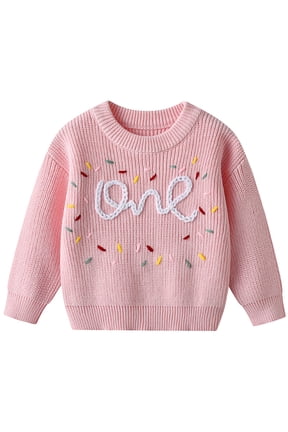 Girls Letter Pattern Sweaters Long Sleeve Crewneck Knitted Cute Embroidered Pullover Sweater Knit Tops(Size 3-4 Years,Pink)