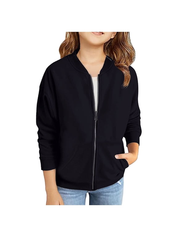 Girls Lightweight Baseball Jacket with Pockets, Long Sleeve Zip Up Bomber Jackets Coat, Transitional Spring Fall Jacket Outerwear for Kids, Black, 14-18 Years