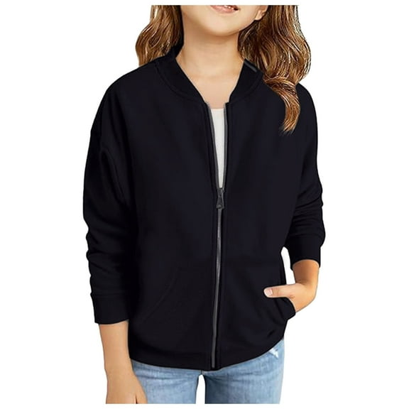 SGMVNU Girls Lightweight Baseball Jacket with Pockets, Long Sleeve Zip Up Bomber Jackets Coat, Transitional Spring Fall Jacket Outerwear for Kids, Black, 6-7 Years
