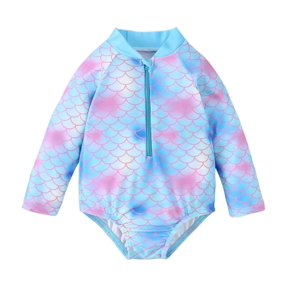 SGMVNU Girls Long Sleeve Swimsuit Girls Swimsuit Size 10 Rash Guard 1 Piece Bathing Suit Tropical Print Zipper up Swimwear Summer Beach Sunsuit, Size 5-6 Years, Blue-F