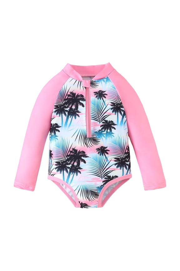 Girls Long Sleeve Swimsuit Girls Swimsuit Size 18 Rash Guard 1 Piece Bathing Suit Tropical Print Zipper up Swimwear Summer Beach Sunsuit, Size 12-18 Months, Red-A