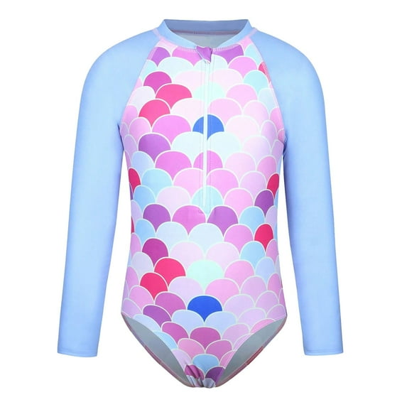 SGMVNU Girls Long Sleeve Swimsuit Girls Swimsuits 14-16 Rash Guard 1 Piece Bathing Suit Tropical Print Zipper up Swimwear Summer Beach Sunsuit, Size 12-13 Years, Blue-E