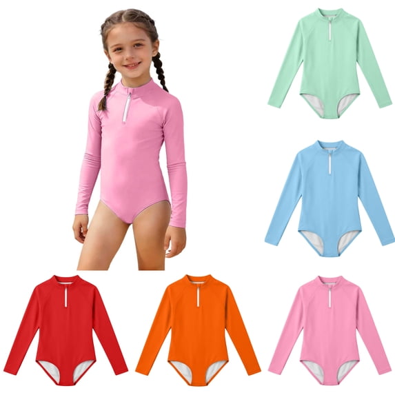 SGMVNU Girls Long Sleeve Swimsuit Rash Guard Bathing Suit Tropical Print Zipper up Swimwear Summer Beach Sunsuit, Size 11-12 Years, qu1-Hot Pink