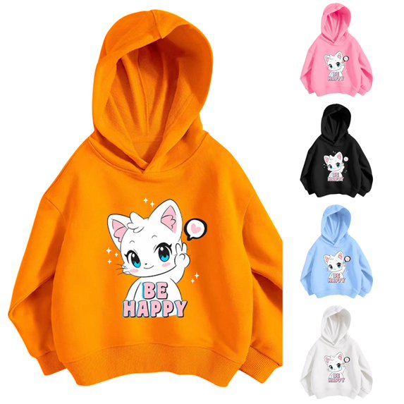 SGMVNU Girls Loose Fit Hood Sweatshirt Cat Prints Long Sleeve Pullover Soft Casual Sports School Top, Size 12-18 Months, Orange