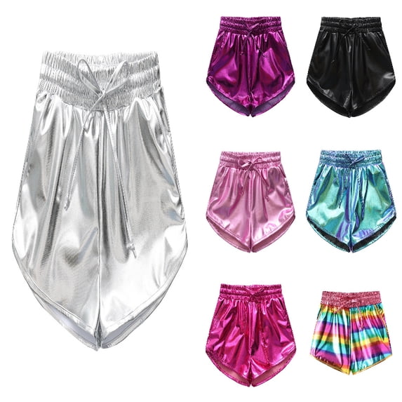 SGMVNU Girls Metallic Shorts Sparkle Hot Pants Shiny Dance Outfits Atletic Short Pants Size: 150 Silver