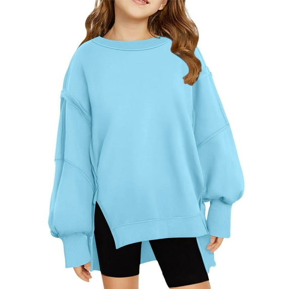 SGMVNU Girls Oversized Sweatshirt Long Sleeve 13-14 Years Crewneck Sweatshirts Kids Lightweight Side Slit Hem Cute Pullover Tops Sky Blue