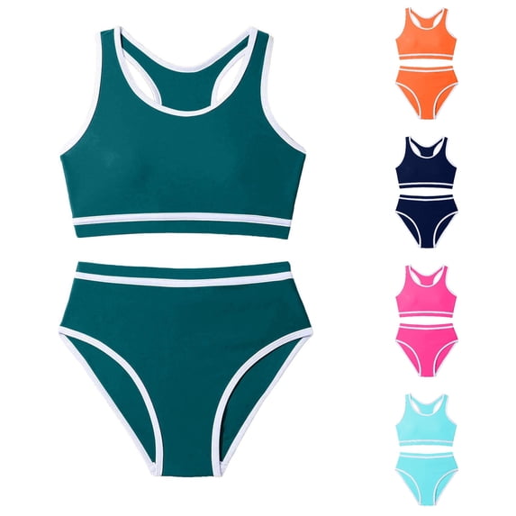 SGMVNU Girls Padded Swimsuit Racerback Solid Color Contrast Swim Suits Summer Beach Two Piece Bikini Set, Size 10-11 Years, Dark Green