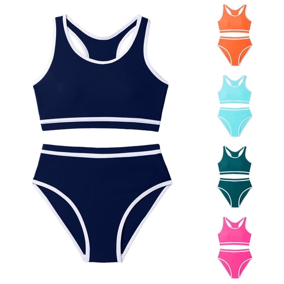 SGMVNU Girls Padded Swimsuit Racerback Solid Color Contrast Swim Suits Summer Beach Two Piece Bikini Set, Size 10-11 Years, Navy