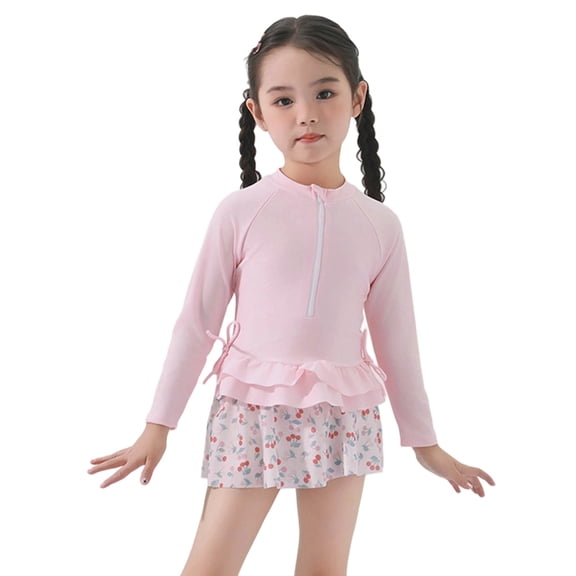 SGMVNU Girls Rash Guard 2 Piece Bathing Suit with Hat Long Sleeve Floral Swimsuit Swimming Ruffle Skorts Swimwear for Age 2-4 Years Kids, Pink