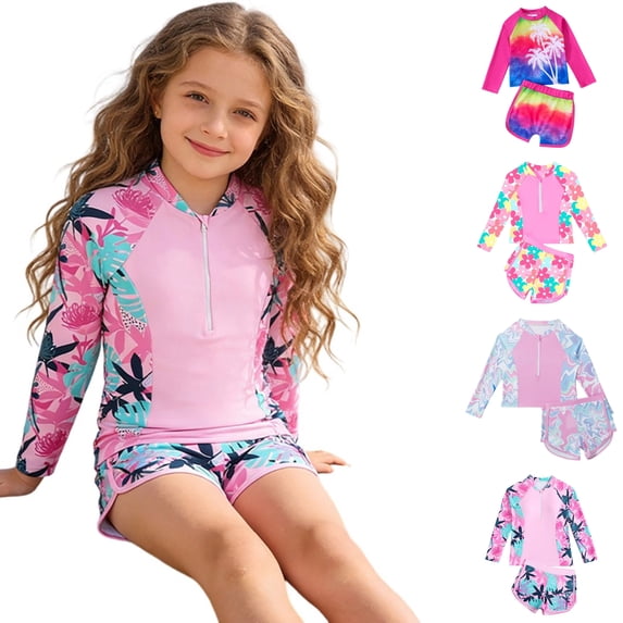 SGMVNU Girls Rash Guard Swimsuit Two Piece Bathing Suit Full Coverage Long Sleeve Swimwear with Shorts, Size 7-8 Years, cl4-Pink