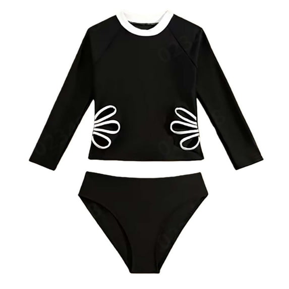 SGMVNU Girls Rash Guard Two Piece Swimsuit Floral Long Sleeve Swimwear with Ruffle Bottoms Toddler Kids Bathing Suit for Age 9-10 Years, H1-Black