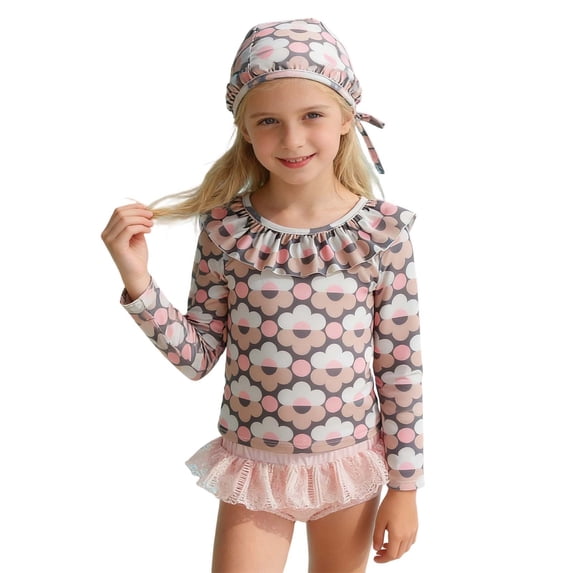 SGMVNU Girls Rash Guard Two Piece Swimsuit Floral Long Sleeve Swimwear with Ruffle Bottoms Toddler Kids Bathing Suit for Age 9-10 Years, H3-Pink
