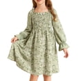 thumbnail image 1 of SGMVNU Girls Ruffle Dress Square Neck Smocked Swing Dress Boho Floral Dress Long Sleeve A-line Fall Spring Dresses for Age 6-7 Years, Light Green, 1 of 4