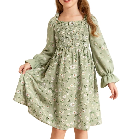 SGMVNU Girls Ruffle Dress Square Neck Smocked Swing Dress Boho Floral Dress Long Sleeve A-line Fall Spring Dresses for Age 6-7 Years, Light Green