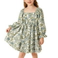 thumbnail image 1 of SGMVNU Girls Ruffle Dress Square Neck Smocked Swing Dress Boho Floral Dress Long Sleeve A-line Fall Spring Dresses for Age 8-9 Years, Light Blue, 1 of 4