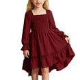 thumbnail image 1 of SGMVNU Girls Ruffle Dress with High Low Hem Square Neck Smocked Dress Solid Color Boho Swing Dress Long Sleeve Fall Dresses for Age 8-9 Years, Red, 1 of 7