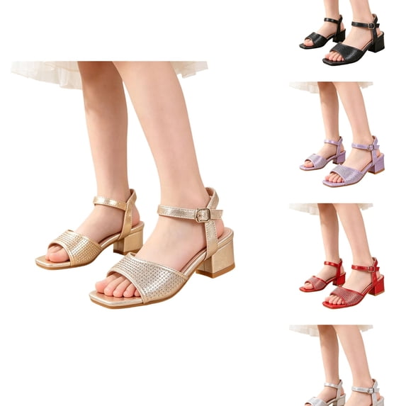 SGMVNU Girls Sandals Block Low Heels Rhinestone Dress Shoes Ankle Buckle Strap Square Open Toe Flower Girl Wedding Party Shoes Gold Size 10-10.5 Years