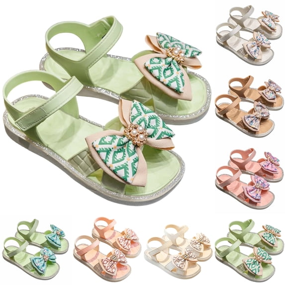 SGMVNU Girls' Sandals with Big Bowknot, Open Toe Soft Sole Flat Elegant Flower Girl Dress Shoes Beach Summer Casual Sandal, Size 6-7 Years, Green