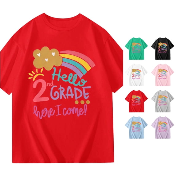 SGMVNU Girls Second Grade Shirts Short Sleeve Crewneck Graphic Tee Tops Summer Back to School Clothes, Size 5-6 Years, Red