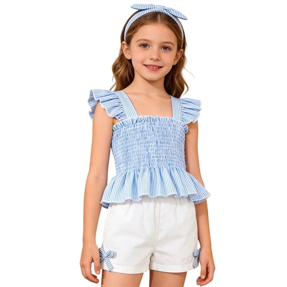 SGMVNU Girls Summer 2 Piece Outfits Sleeveless Smocked Tank Tops and Cute Bowknot Shorts and a Bow Hairband Size 18-24 Months, Blue